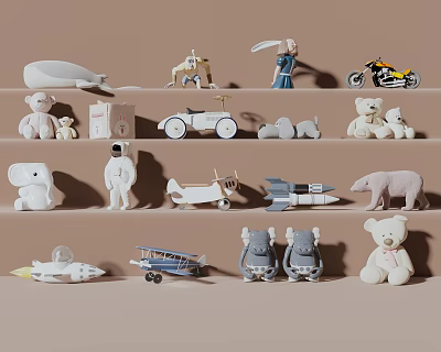 Collection Of Stuffed Dolls And Toys With Teddy Bears Astronaut Airplane Motorcycle Elephant 3d model
