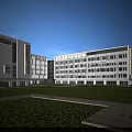 Modern school buildings with spacious green lawn multiple trees and purple flowers under blue sky