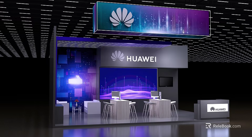 Huawei Exhibition Booth With Large Display Screens Tech Themed Lighting And Tables Chairs 3d model 