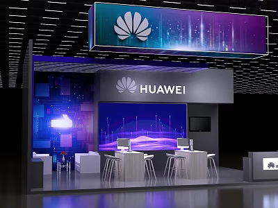 Huawei Exhibition Booth With Large Display Screens Tech Themed Lighting And Tables Chairs 3d model