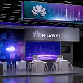 Huawei Exhibition Booth With Large Display Screens Tech Themed Lighting And Tables Chairs