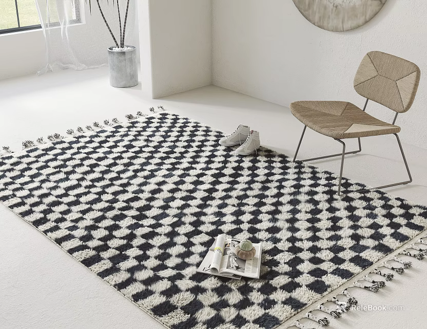 Black and White Checkered Square Rug With Tassels In Bright Room By Chair And Magazine 3d model 