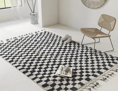 Black and White Checkered Square Rug With Tassels In Bright Room By Chair And Magazine 3d model