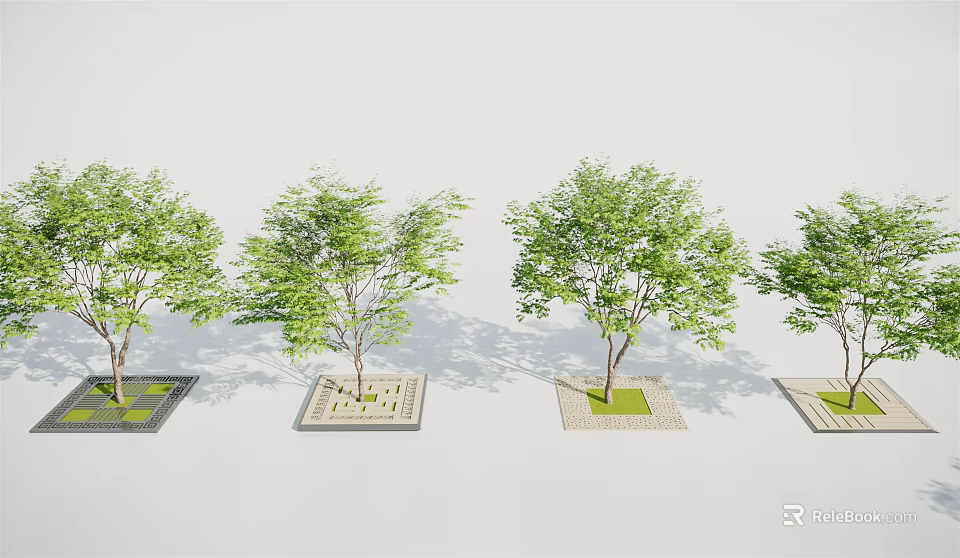 Green Leafy Trees In Square Tree Pit Design On Paved Ground Arrangement 3d model