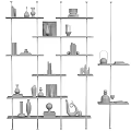 Decorative Ornaments Set on Black Multi Layered Shelf with Vases Sculptures Photo Frames and Books