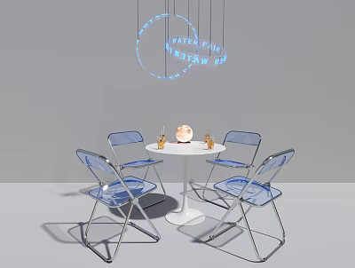Transparent Acrylic Chairs With White Round Dining Table And Hanging Blue Neon Light 3d model