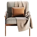 Modern Leisure Chair With Wooden Frame Gray Fabric Upholstery Brown Cushion And Beige Blanket