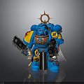 Blue Warrior Figure With Yellow Shoulder Armor And Halo Head Dual Guns And Skull Decoration