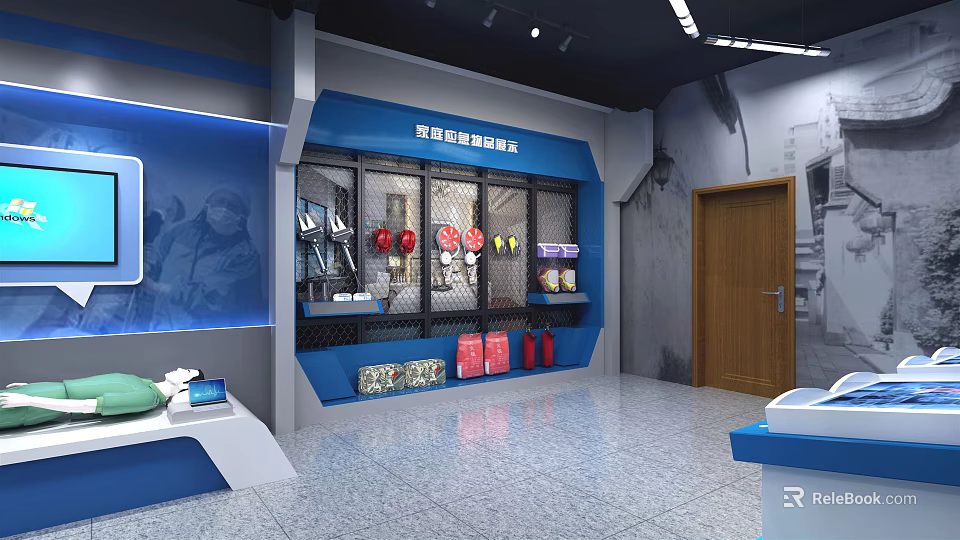 Emergency Safety Experience Area With Blue Display Cabinets And Safety Equipment 3d model 