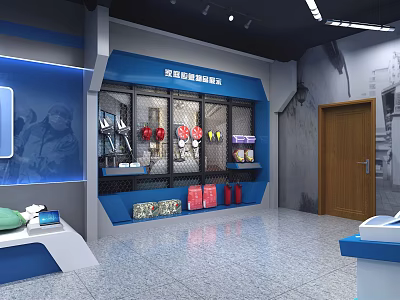 Emergency Safety Experience Area With Blue Display Cabinets And Safety Equipment 3d model
