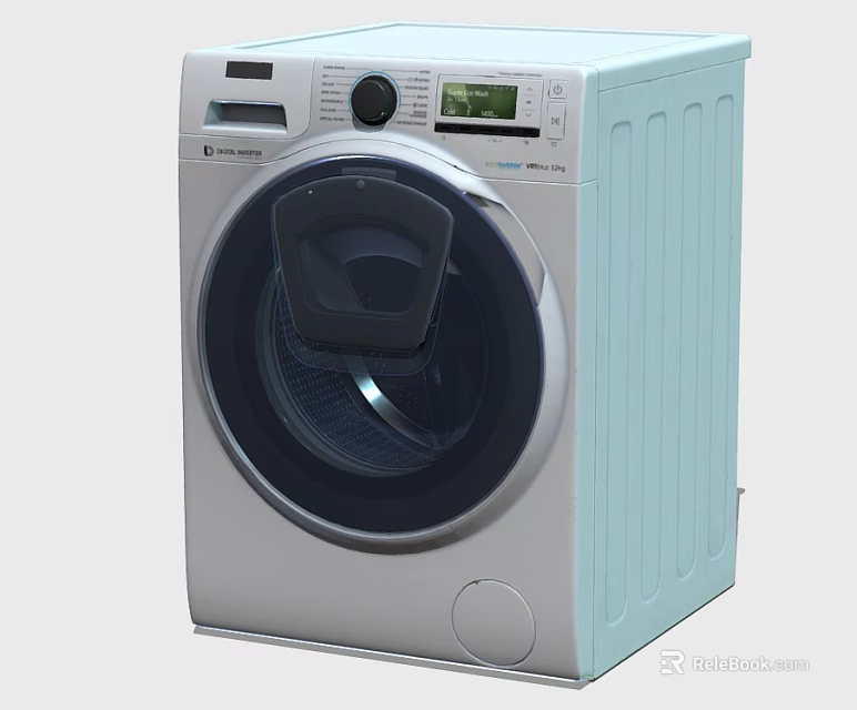 Modern Front Loading Washing Machine with Light Blue Exterior LCD Display and Control Panel 3d model 