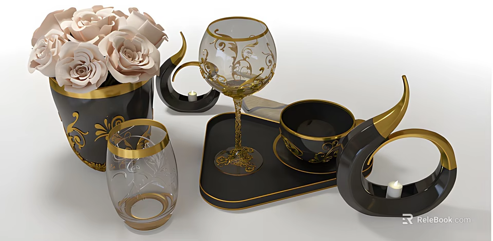 Luxury Decorative Ornament Set with Gold Accents Black Tray Patterned Glassware and Candle Holders 3d model 
