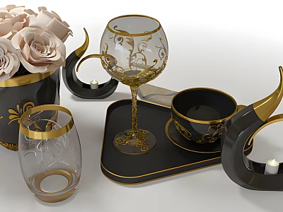 Luxury Decorative Ornament Set with Gold Accents Black Tray Patterned Glassware and Candle Holders 3d model