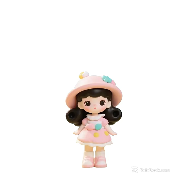 Cute Game Movie Character With Pink Hat Colorful Decorations Black Curly Hair Pink Dress 3d model 
