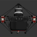 Black Industrial Mechanical Device With Red Components And Yellow Labels On Structural Frame 3d model