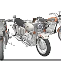 Three Classic Motorcycles With Black White Orange Bodies And Chrome Accents On White Background