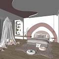 Starry Pink Ceiling Kids Room With White Canopy Arched Bedhead And Shelves
