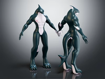 Shark Inspired Characters Creatures 3D Models With Green Bodies White Bellies And Muscular Build 3d model