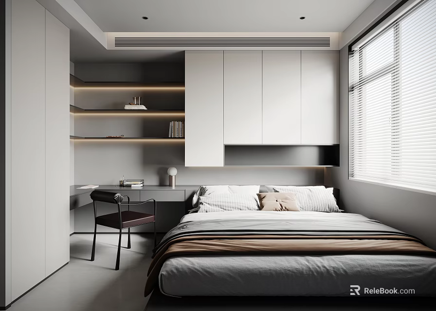 Modern Tatami Bedroom Interior Design With Bed Desk Bookshelf Wardrobe And Window 3d model 