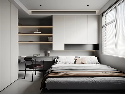 Modern Tatami Bedroom Interior Design With Bed Desk Bookshelf Wardrobe And Window 3d model