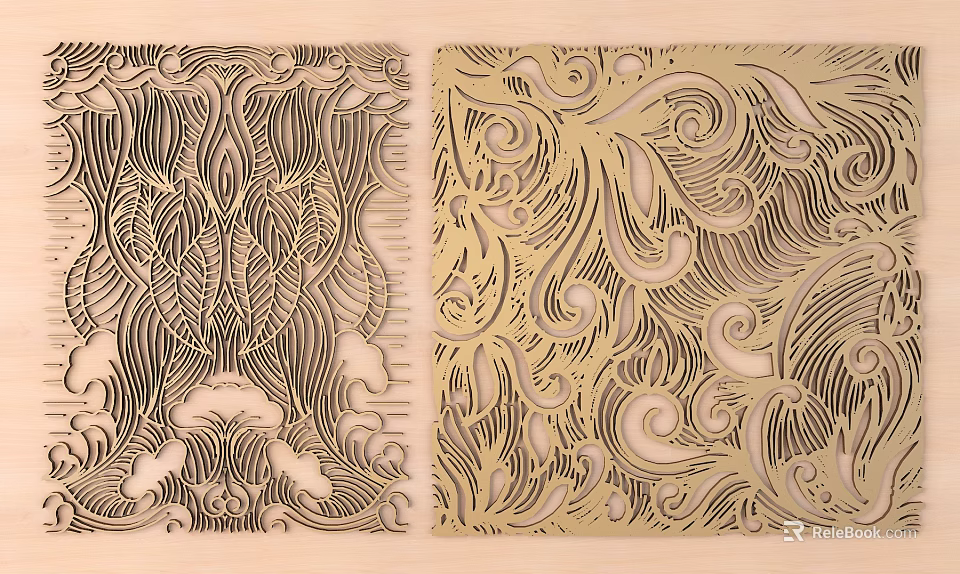 Exquisite Carved Wooden Panels Featuring Black Gold Swirls Leaves and Wave Designs 3d model 
