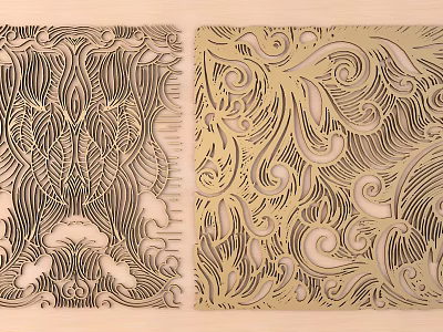 Exquisite Carved Wooden Panels Featuring Black Gold Swirls Leaves and Wave Designs 3d model