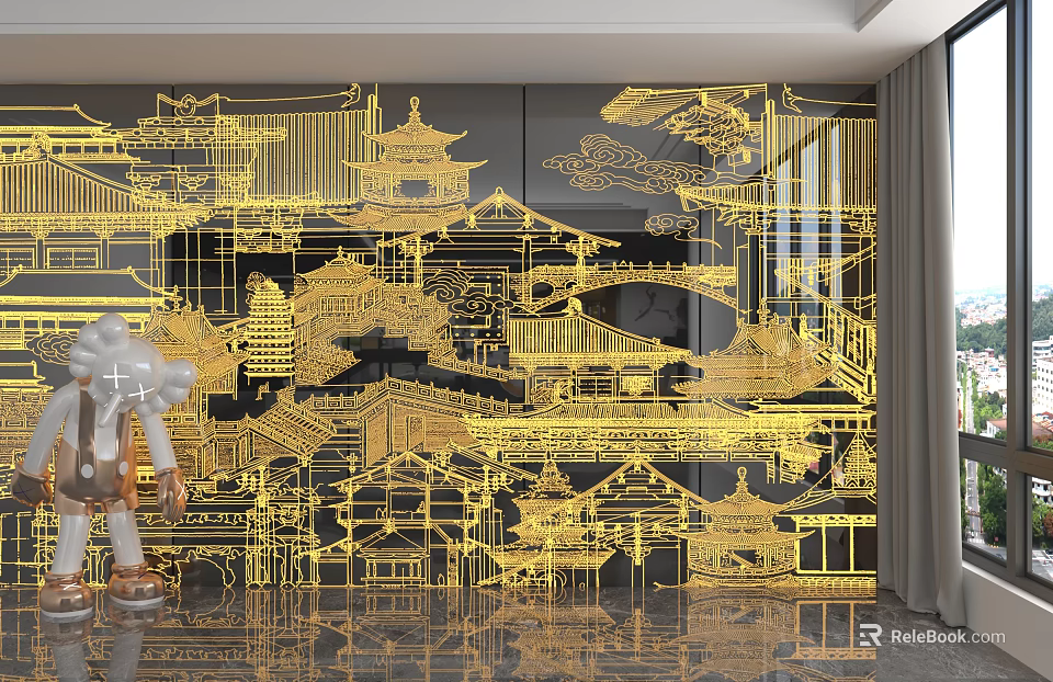 Illuminated Gold Wall Paneling With Chinese Architectural Patterns And Dark Background 3d model 