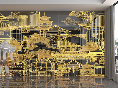 Illuminated Gold Wall Paneling With Chinese Architectural Patterns And Dark Background 3d model