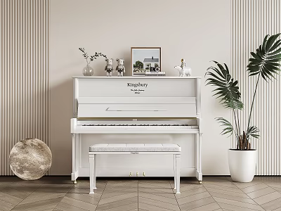 Elegant White Piano and Art Supplies in Modern Room Interior Design 3d model