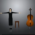 Child in black dress with striped socks spreading arms near red stool and orange cello