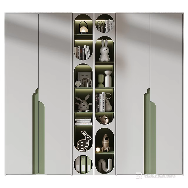 Modern Stylish Wardrobe Interior Design With Curved Shelves Decorative Figurines Books And Lamps 3d model 