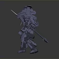 Game And Movie Character Mechanical Robot With Spear And Complex Armor In Dynamic Combat Stance