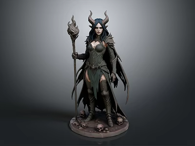 Horned Winged Woman With Long Black Hair Holding Flame Staff On Skull Base 3d model