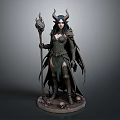 Horned Winged Woman With Long Black Hair Holding Flame Staff On Skull Base