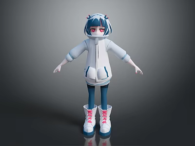 Game Anime Character With Blue Black Hair Red Eyes White Hoodie And Pink Laced Boots 3d model
