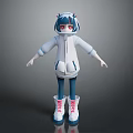 Game Anime Character With Blue Black Hair Red Eyes White Hoodie And Pink Laced Boots