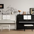 Elegant White Black Pianos With Stools Sheet Music Art Frames And Decorative Vase