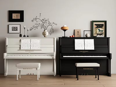 Elegant White Black Pianos With Stools Sheet Music Art Frames And Decorative Vase 3d model