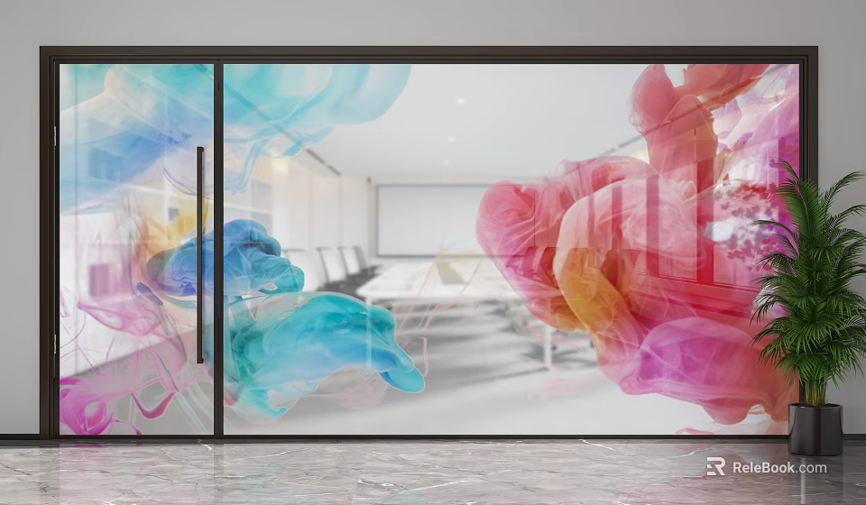 Colorful Abstract Glass Partition in Modern Office Meeting Room with Marble Floor and Projector Screen 3d model 