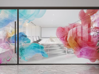Colorful Abstract Glass Partition in Modern Office Meeting Room with Marble Floor and Projector Screen 3d model