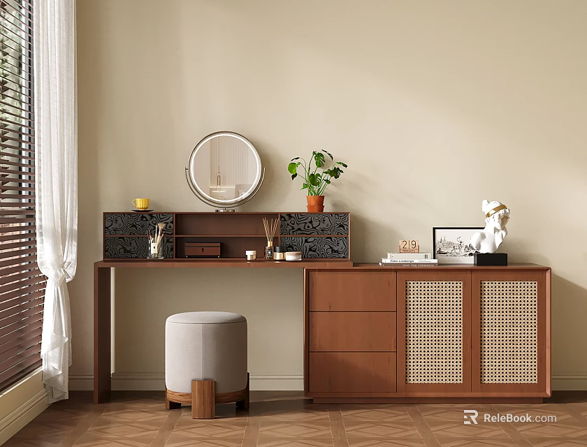 Modern Wooden Dressing Table With Round Mirror Stool And Wicker Cabinet Doors 3d model 