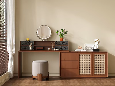 Modern Wooden Dressing Table With Round Mirror Stool And Wicker Cabinet Doors 3d model