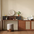Modern Wooden Dressing Table With Round Mirror Stool And Wicker Cabinet Doors