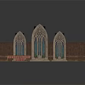 Three Gothic Arched Windows With Wooden Bookshelves And Wall Panel