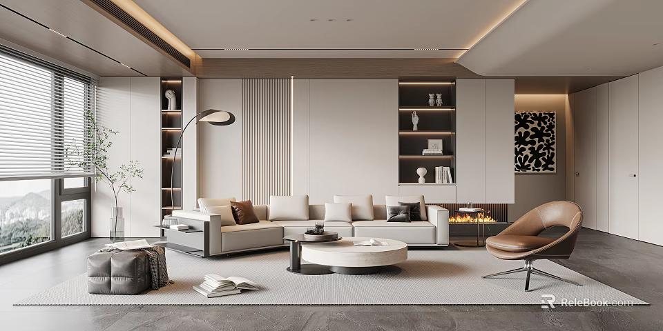 Modern Minimalist Living Room Interior With Beige Sofa Round Coffee Table Fireplace And Bookshelves 3d model 
