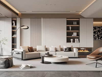 Modern Minimalist Living Room Interior With Beige Sofa Round Coffee Table Fireplace And Bookshelves 3d model