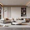 Modern Minimalist Living Room Interior With Beige Sofa Round Coffee Table Fireplace And Bookshelves