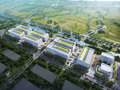 Modern Building Complex With Green Roofs Surrounded By River Roads And Trees 3d model