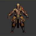 Muscular Mythical Game Film Character Wearing Golden Red Armor And Holding Staff With Tail