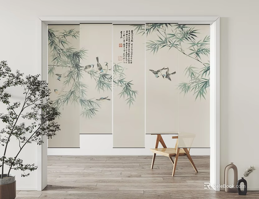 Chinese Style Window Blinds with Bamboo Leaves and Bird Patterns in Interior Design 3d model 